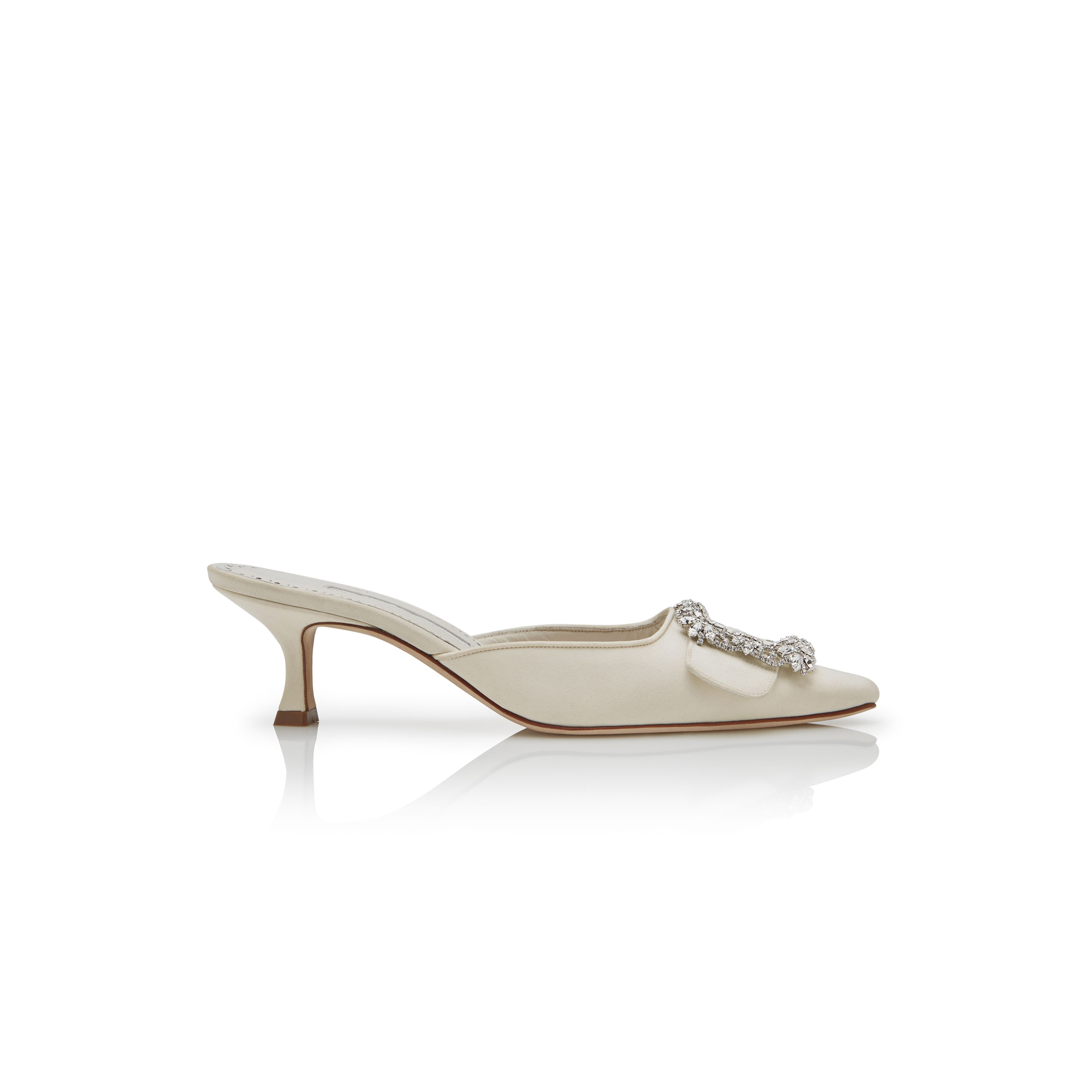 MANOLO BLAHNIK MAYSALE BRIDAL CREAM CREPE DE CHINE JEWEL BUCKLE MULES 118-0115-0001
